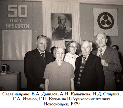 Слева направо: Б.А. Данилов, А.Н. Качаунова, Н.Д. Спирина, Г.А. Иванов, Г.П. Кучма на II Рериховских чтениях.